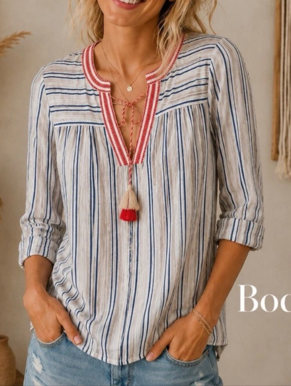 Boden Striped Top with Pink Red Embroidered Trim Sm
